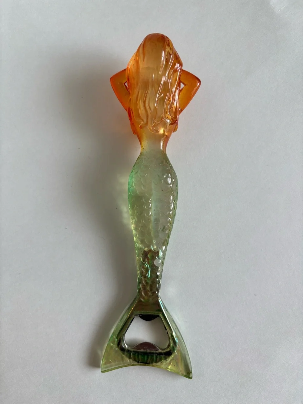 Curvy Mermaid Vintage Bottle Opener Green Orange Iridescent Lucite